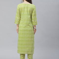 Indibelle Cotton Front Neck Floral Print Straight Kurta