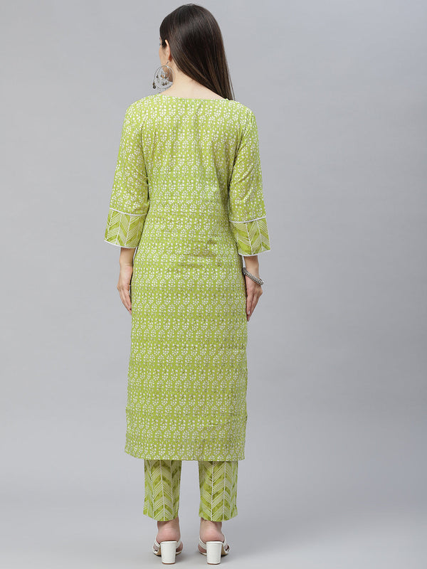 Indibelle Cotton Front Neck Floral Print Straight Kurta