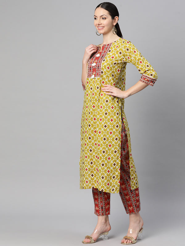 Indibelle Cotton Teal Brown Floral Print Kurta Pant With Dupatta (Teal)