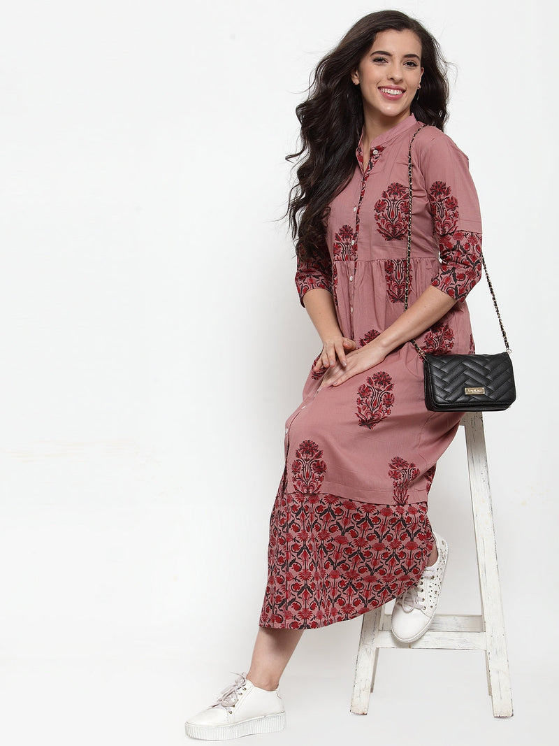 Indibelle cotton Block print A-Line Dress (Purple)