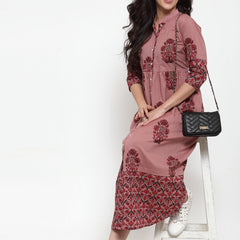 Indibelle cotton Block print A-Line Dress (Purple)