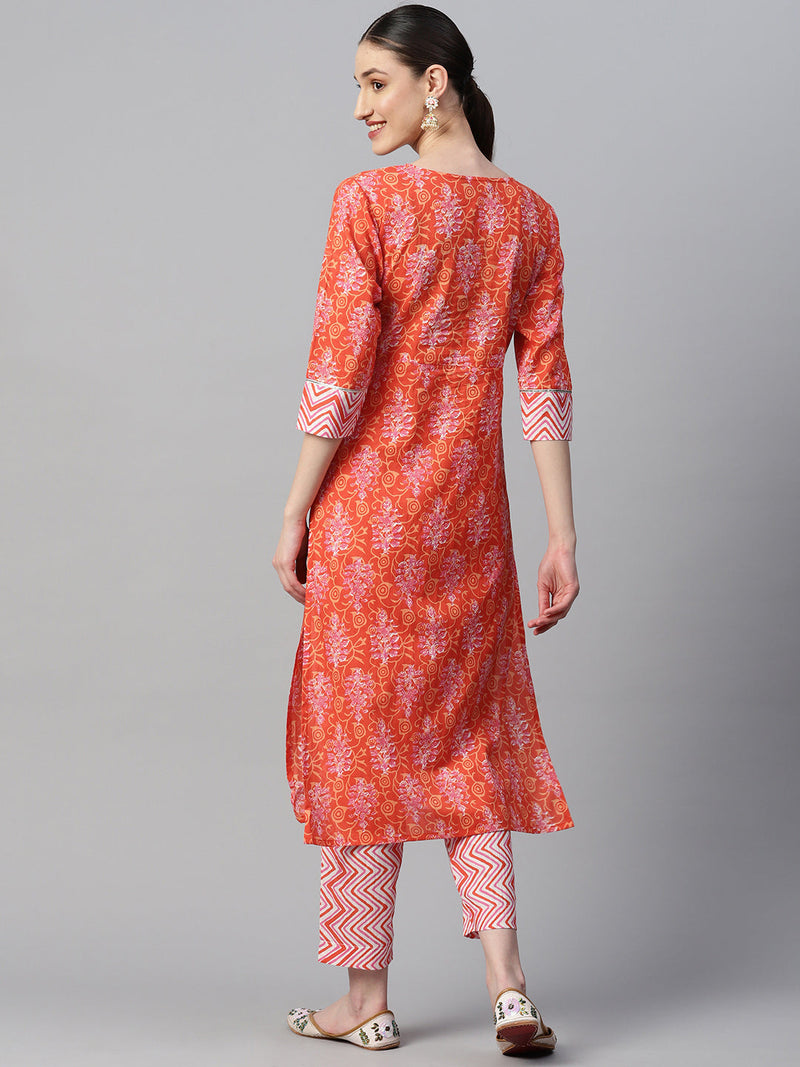Indibelle Cotton Orange Floral Print Kurta