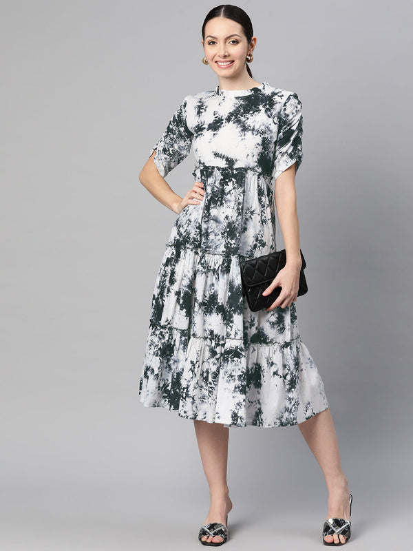 Indibelle Cotton Black White Tie-Dye Print Dress