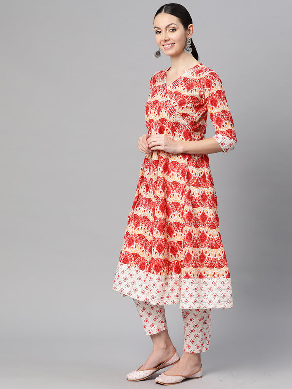Indibelle Cotton Floral print A-Line Kurta Pant With Dupatta (Peach)