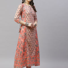 Indibelle Cotton Round Neck Floral Print A-Line Kurta set (Peach)