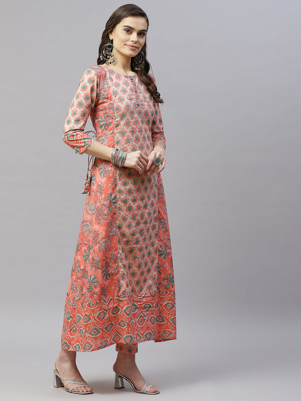 Indibelle Cotton Round Neck Floral Print A-Line Kurta Pant With Dupatta (Peach)