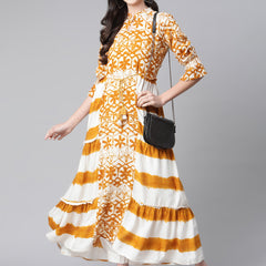 Indibelle Rayon Mustard Floral Print A-Line Kurta