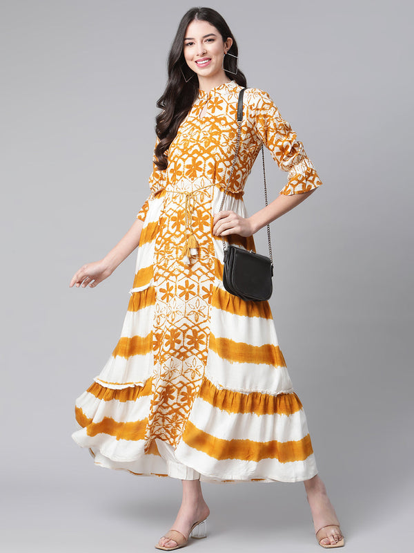 Indibelle Rayon Mustard Floral Print A-Line Kurta