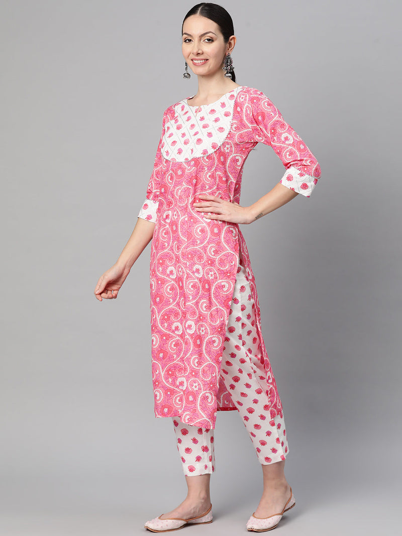 Indibelle Cotton Floral Print Kurta Pant With Dupatta (Pink)