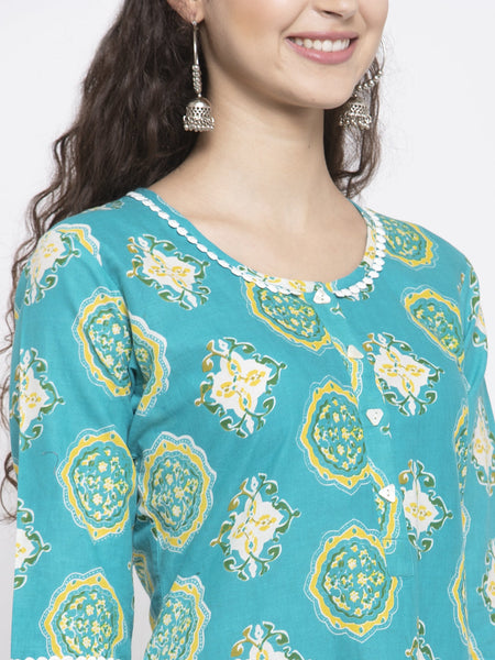 Indibelle Cotton Teal Blue booti print A-Line Kurta