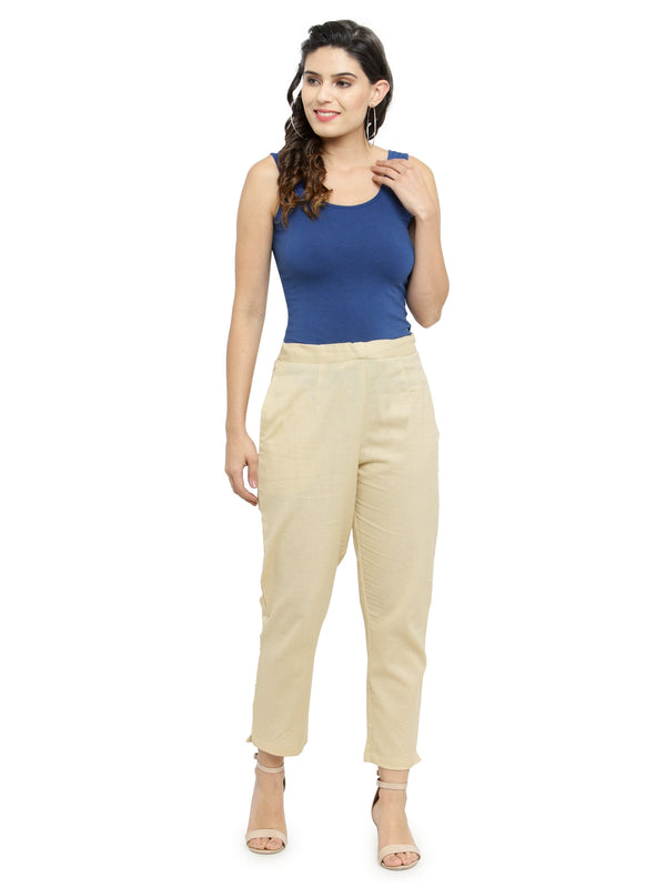 Indibelle Cotton Solid Cream Trousers