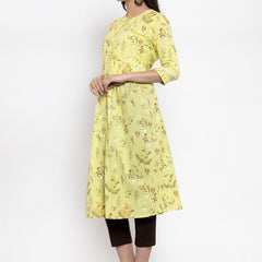 Indibelle cotton pink floral print front slit A-line kurta set