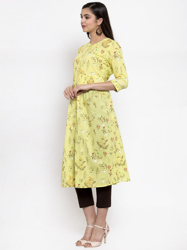 Indibelle cotton pink floral print front slit A-line kurta set