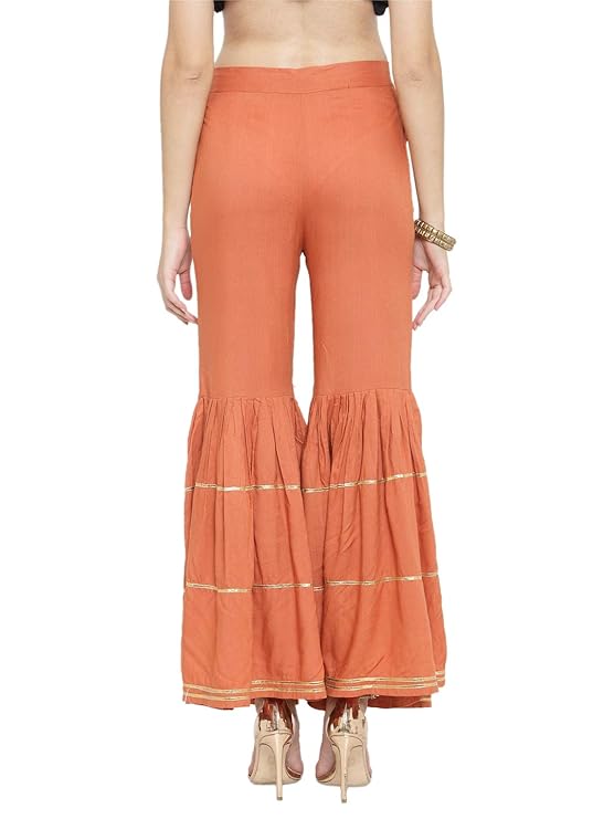 Indibelle Rayon Solid Gota Patti Work Flared Plazzos (Rust)