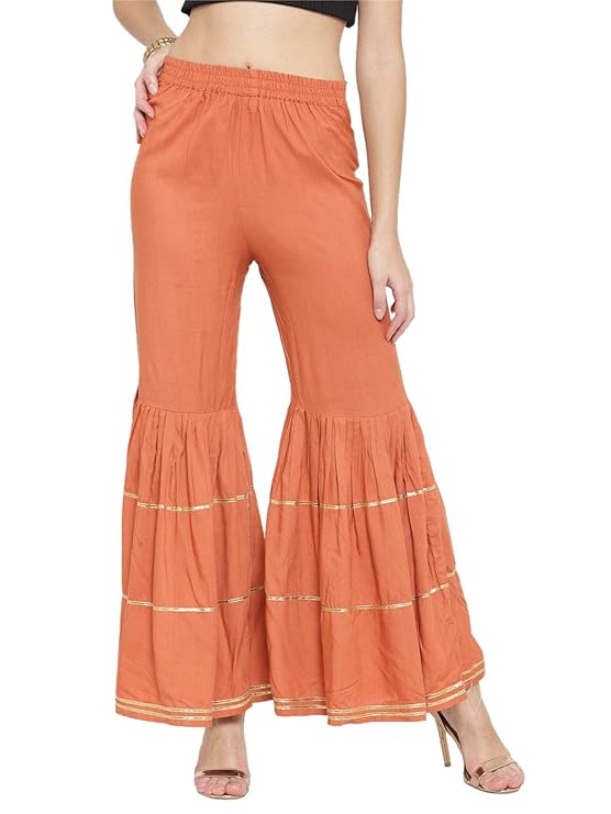 Indibelle Rayon Solid Gota Patti Work Flared Plazzos (Rust)