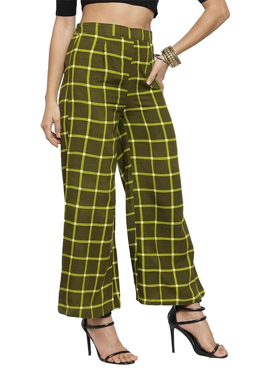 Indibelle Rayon Checkered Printed Straight Palazzos Pants (Green)