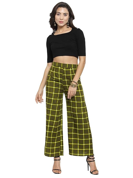 Indibelle Rayon Checkered Printed Straight Palazzos Pants (Green)
