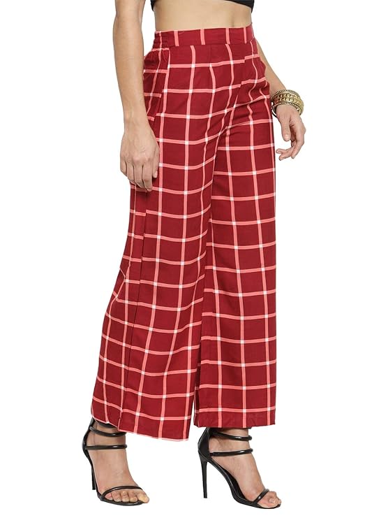 Indibelle Rayon Checkered Printed Straight Palazzos Pants (Maroon)