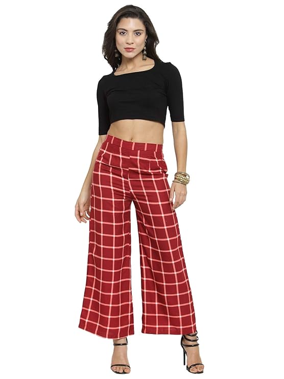 Indibelle Rayon Checkered Printed Straight Palazzos Pants (Maroon)