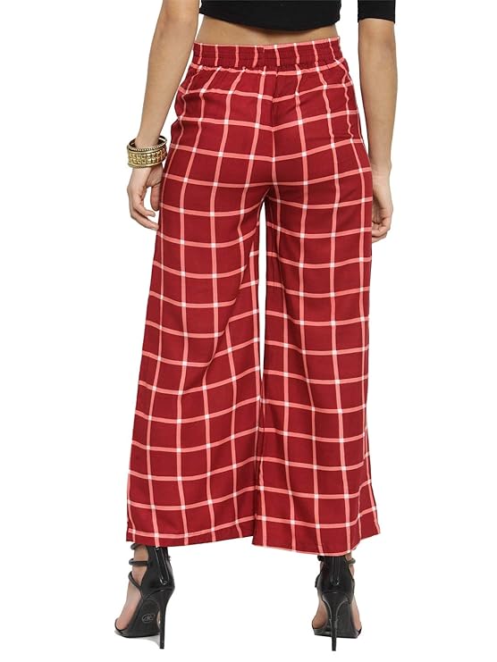 Indibelle Rayon Checkered Printed Straight Palazzos Pants (Maroon)