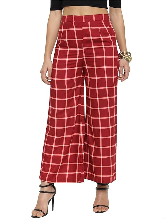 Indibelle Rayon Checkered Printed Straight Palazzos Pants (Maroon)