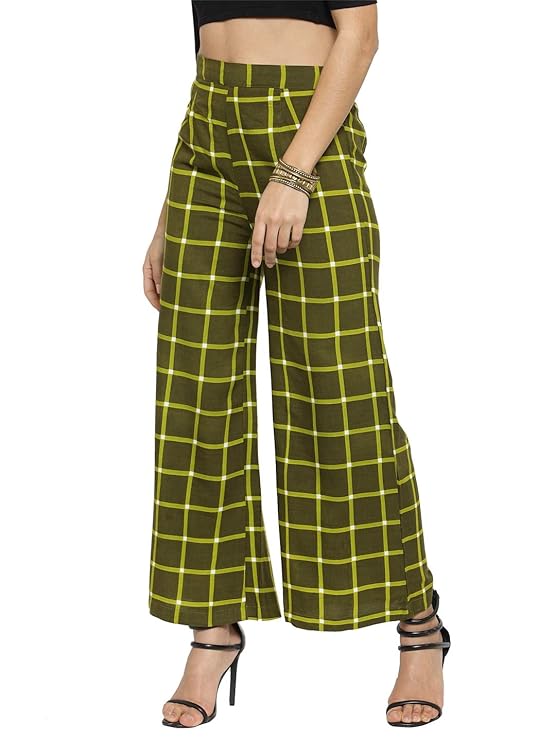 Indibelle Rayon Checkered Printed Straight Palazzos Pants (Green)