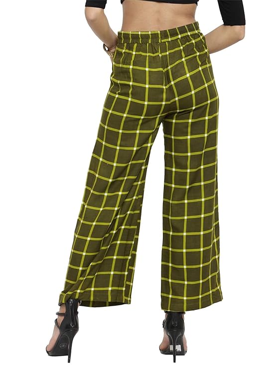 Indibelle Rayon Checkered Printed Straight Palazzos Pants (Green)