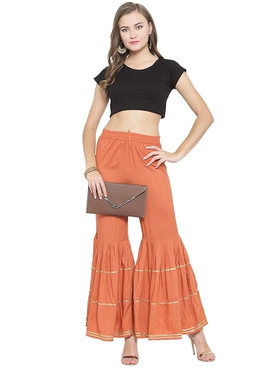 Indibelle Rayon Solid Gota Patti Work Flared Plazzos (Rust)