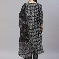 Indibelle Cotton Calf Length Floral Print A-Line Kurta set (Black)