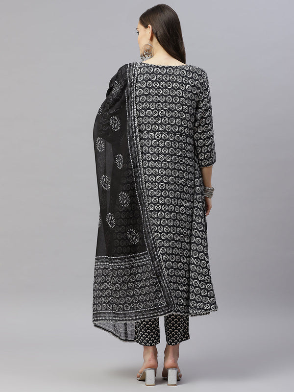 Indibelle Cotton Calf Length Floral Print A-Line Kurta Pant With Dupatta (Black)