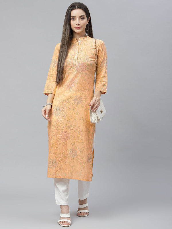 Indibelle Cotton Orange Lurex Floral Print Straight Kurta