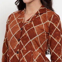 Indibelle Cotton Brown Geometric Print A-Line Dress