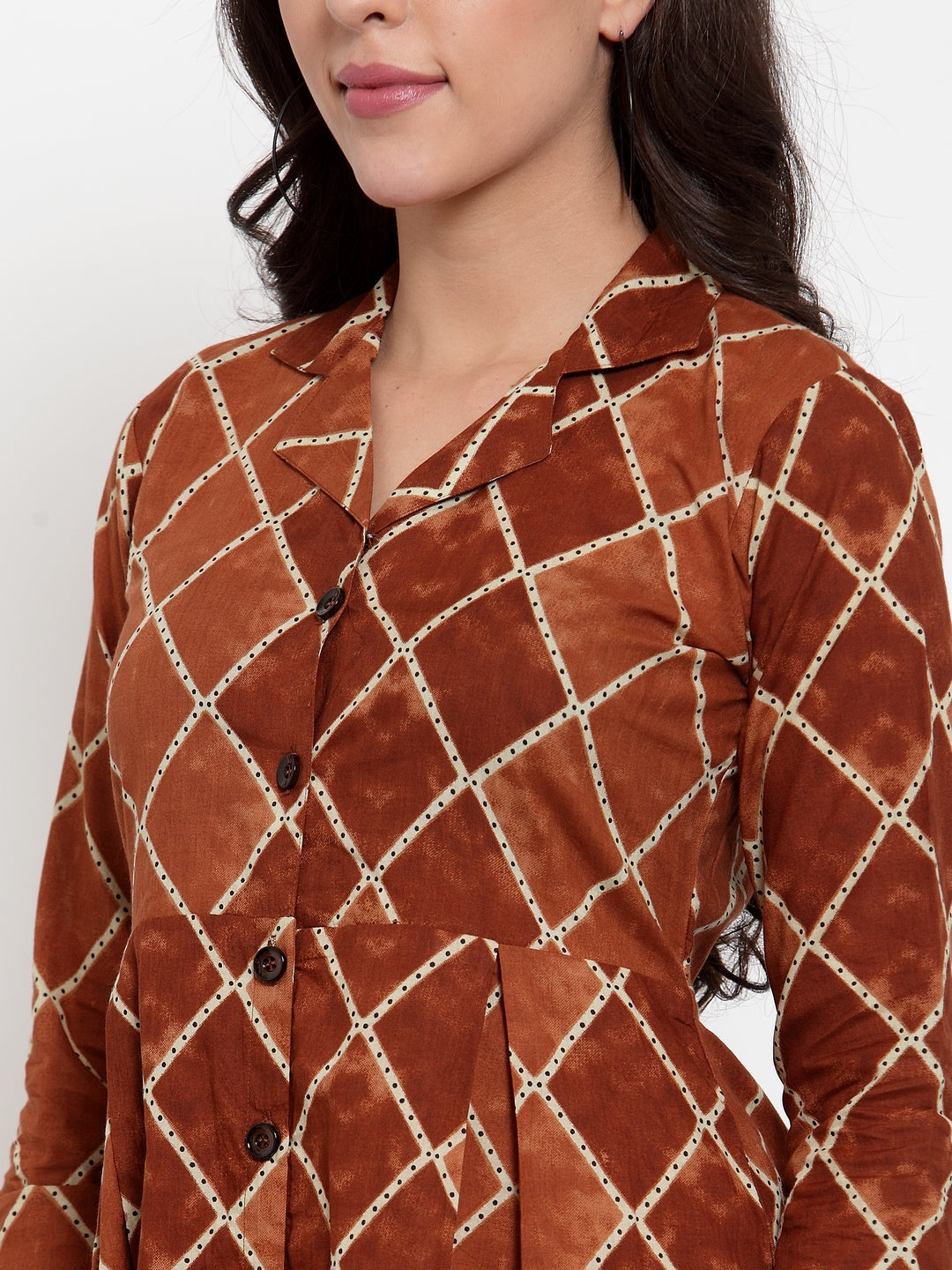 Indibelle Cotton Brown Geometric Print A-Line Dress