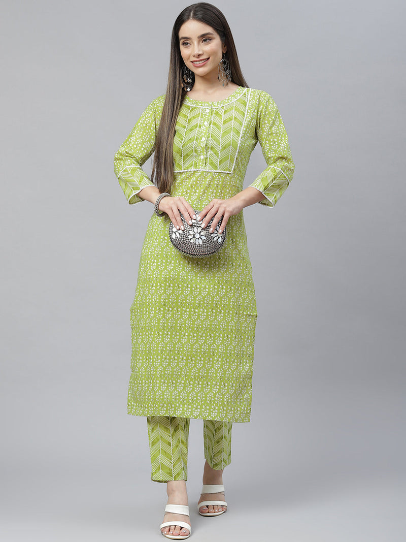 Indibelle Cotton Front Neck Floral Print Straight Kurta