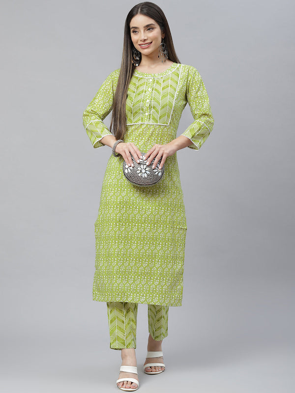 Indibelle Cotton Front Neck Floral Print Straight Kurta (Green)