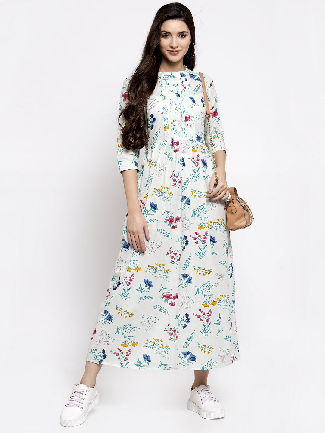 Indibelle cotton Light Green floral print A-line Dress