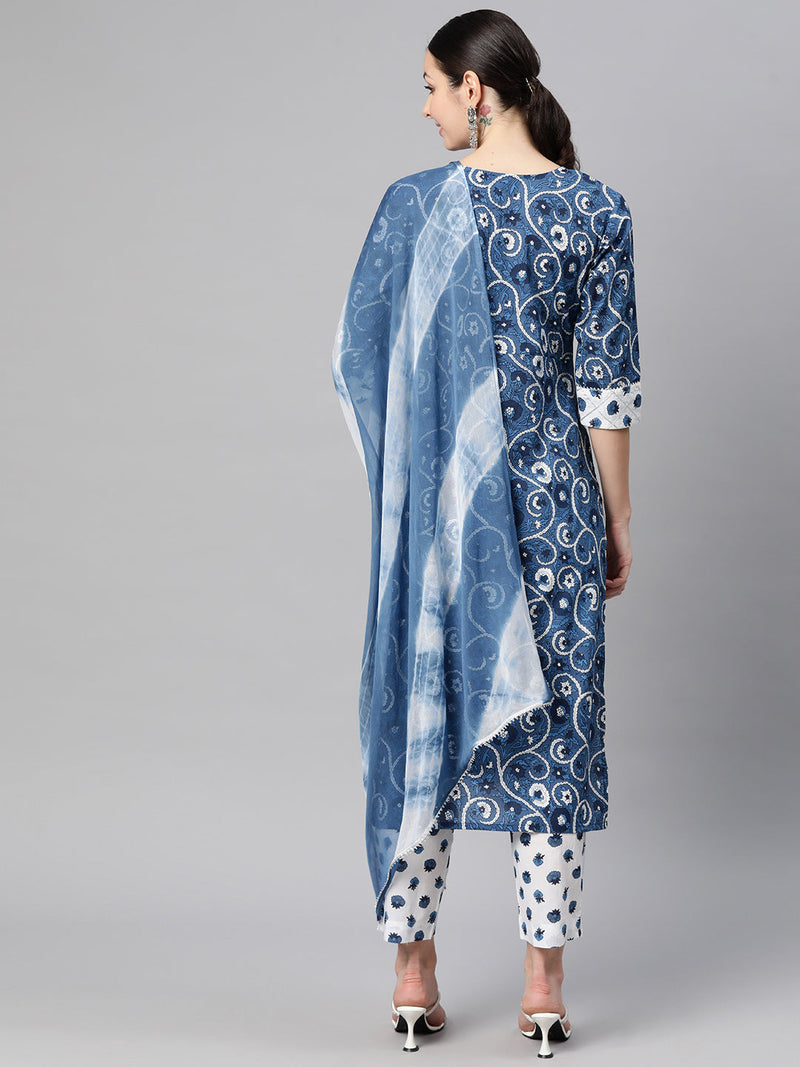 Indibelle Cotton Floral Print Straight Kurta Set (Blue)
