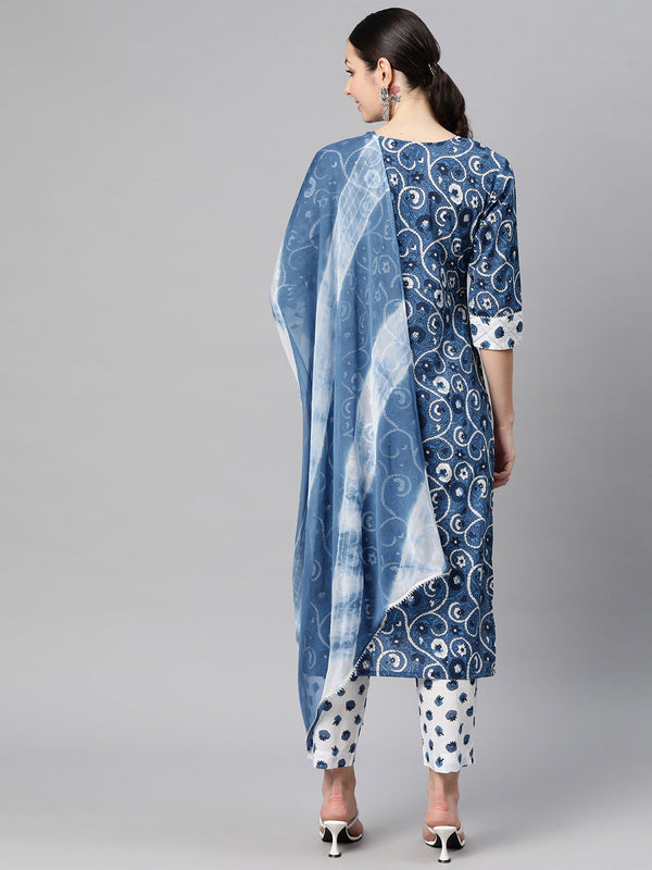Indibelle Cotton Floral Print Kurta Pant With Dupatta (Blue)