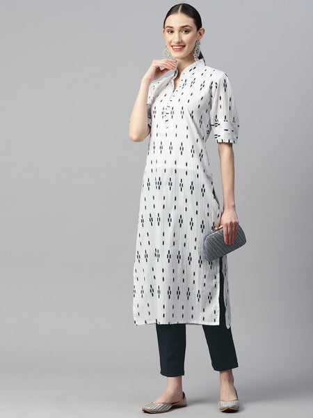Indibelle Cotton Lurex White Ikat Print Kurta