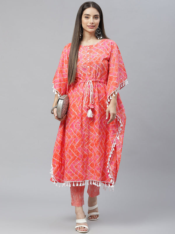 Indibelle Cotton Peach Tie Dye Print Kaftan Kurta set