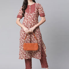 Indibelle Cotton Maroon Floral Print Straight Kurta
