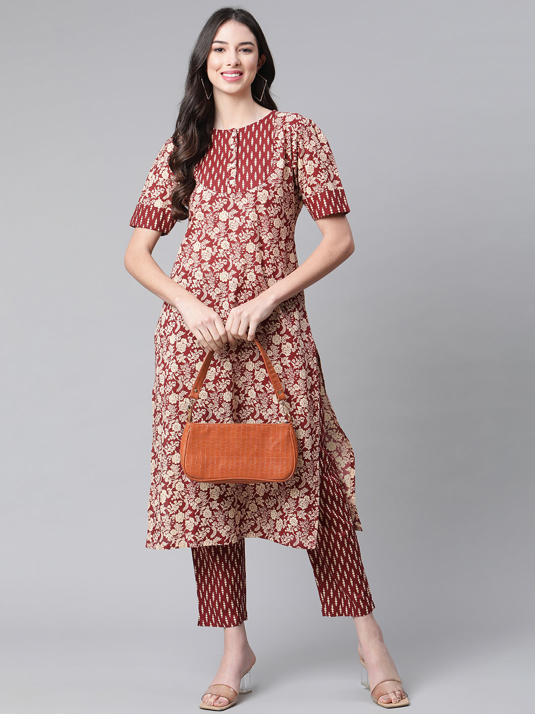 Indibelle Cotton Maroon Floral Print Straight Kurta