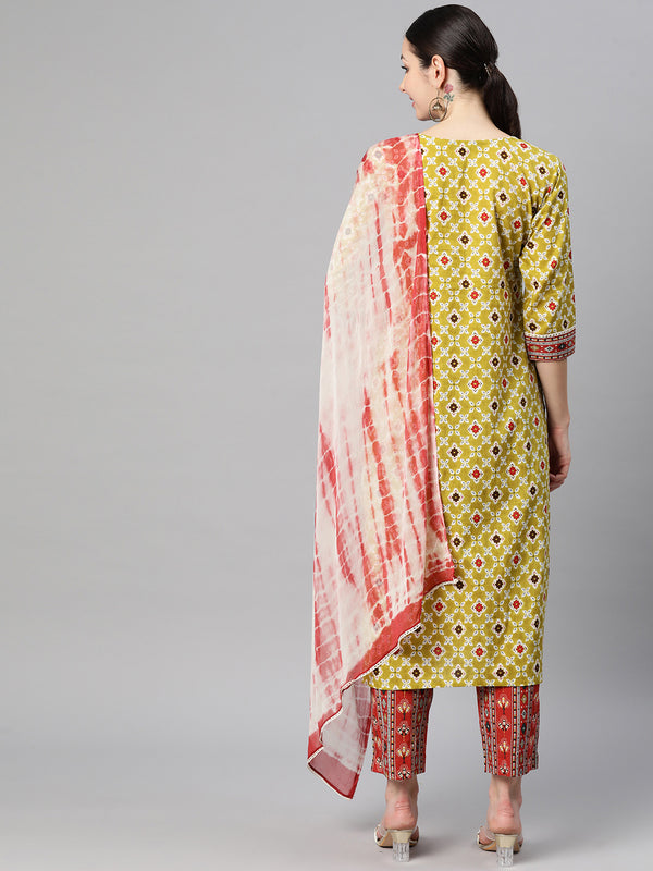 Indibelle Cotton Teal Brown Floral Print Kurta Pant With Dupatta (Teal)