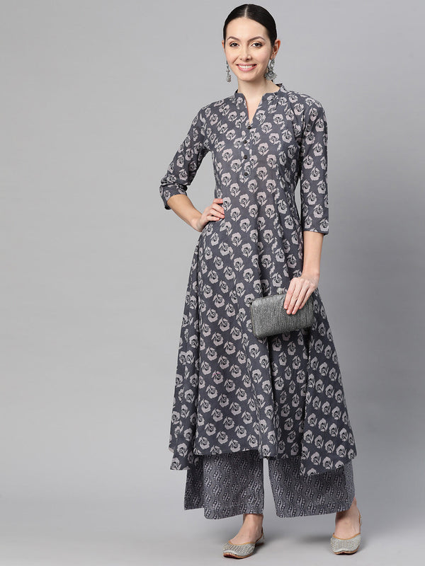 Indibelle Cotton Grey Floral Print A-Line Kurta 