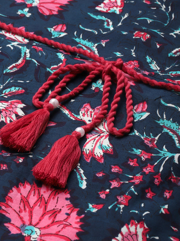 Indibelle Cotton Navy Blue Floral Print A-Line Dress