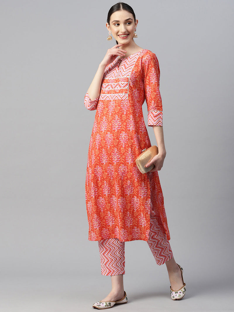 Indibelle Cotton Orange Floral Print Kurta