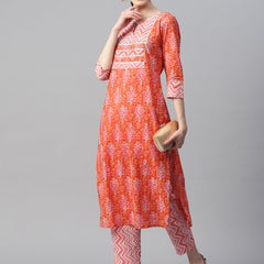 Indibelle Cotton Orange Floral Print Kurta