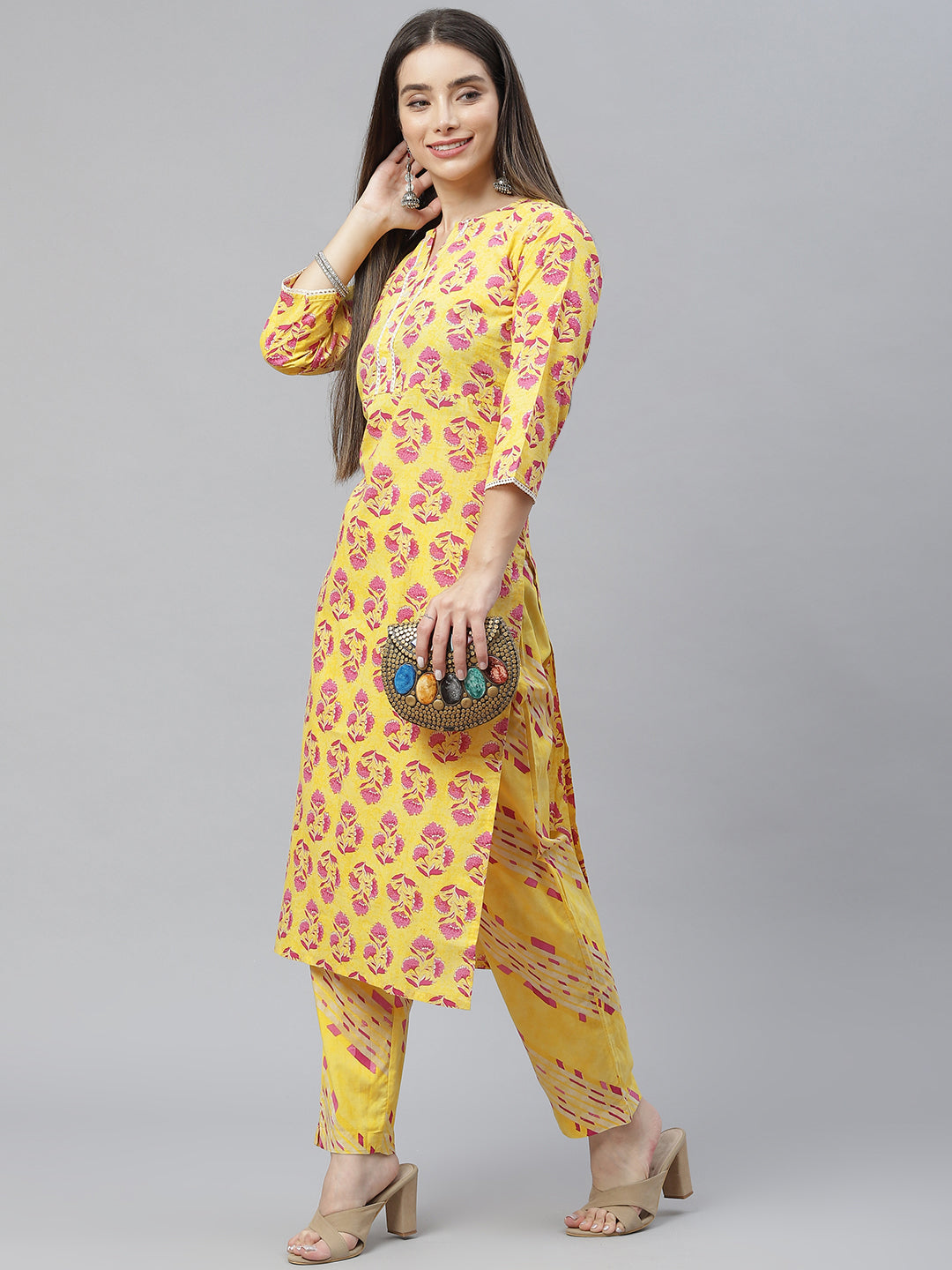 Indibelle Cotton Yellow Floral Print Straight Kurta