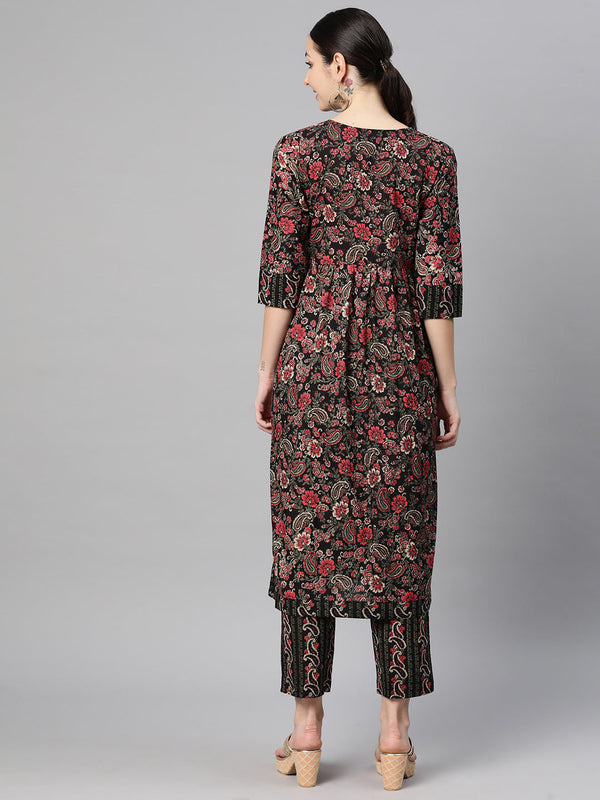 Indibelle Cotton Black Floral Paisley print Nayra Cut Kurta Set