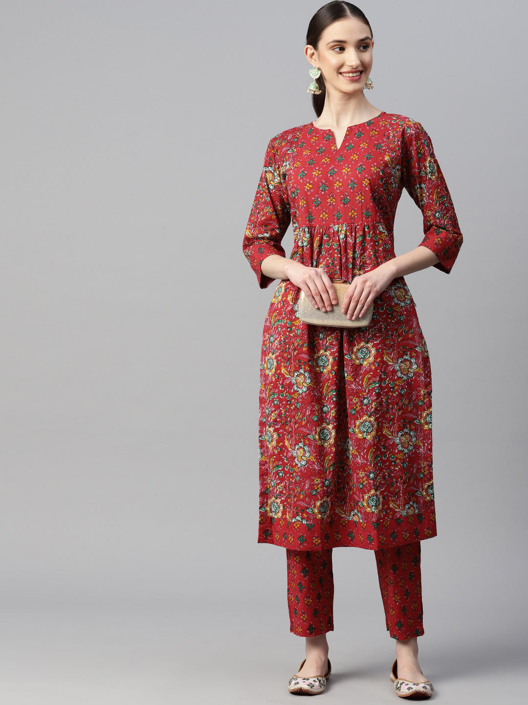 Indibelle Cotton Red Yellow Floral Print Kurta set